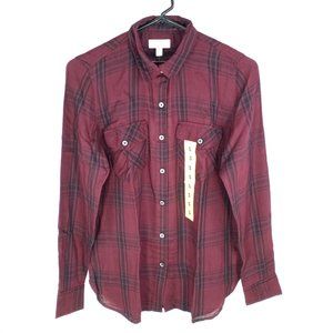 Jessica Simpson Women Full Sleeve Collared Shirt Wine/Black Plaid Small